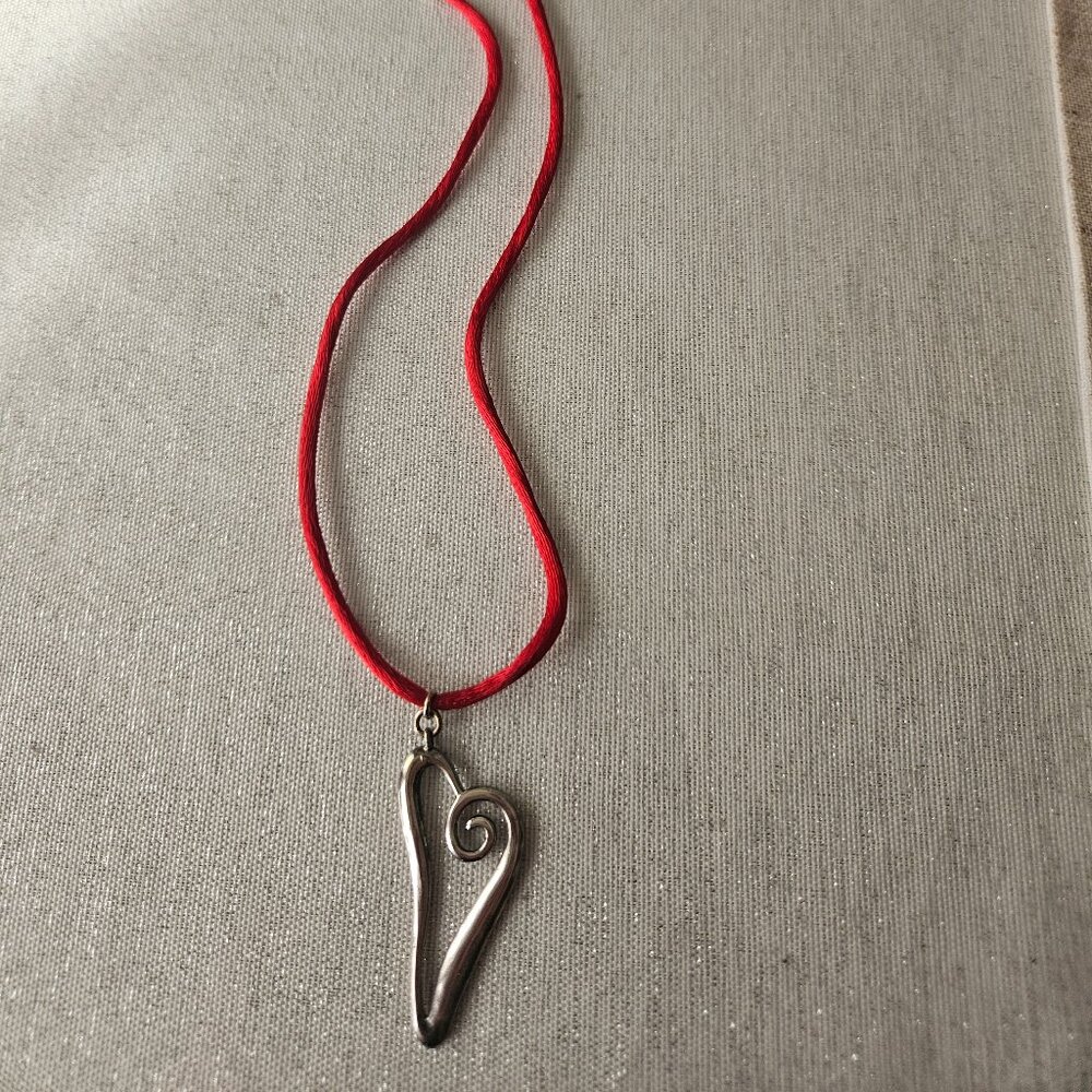 Sterling Silver Abstract Heart on Red Satin Cord
